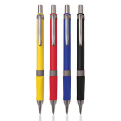 3D illustration of mechanical pencils in four bright colors with soft grip on white background