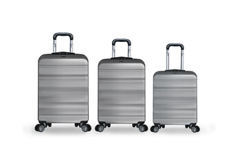 collection of silver hard plastic suitcases with silver handle from different sizes on white background