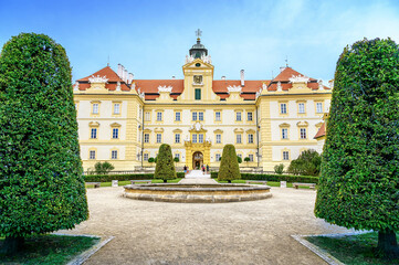 Fototapeta na wymiar View of small garden in front of Valtice castle, UNESCO (Czech Republic)