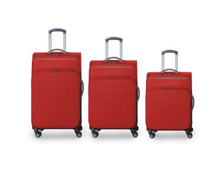 collection of red soft fabric suitcases with silver handle from different sizes on white background