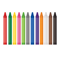 3D illustration of kids wax crayons in twelve bright colors and vertical position on white background