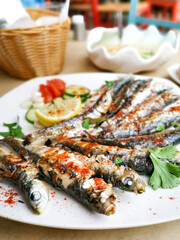 Fresh Grilled sardines served with fresh tomatoes, cucumbers slices and lemon on white plate for mediterranean healthy meal