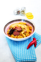 Prawn with rice - close up of prawn with rice - traditional Spanish food paella