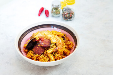 Prawn with rice - close up of prawn with rice - traditional Spanish food paella