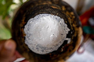 Raw rubber in cup from tree in garden agriculture