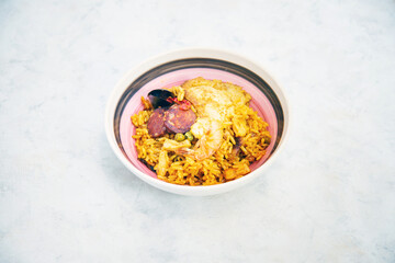 Prawn with rice - close up of prawn with rice - traditional Spanish food paella