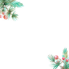 Fototapeta na wymiar New Year and Christmas white background with fir branches and red berries in the corners.
