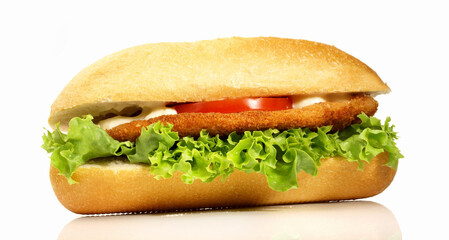 Chicken Schnitzel Baguette on white Background - Isolated