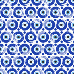 Seamless Pattern with hand drawn Turkish eye. Symbol of protection Turkey, Greece, Cyprus, Crete. Background with magic items, attributes. Amulet - blue Turkish Fatima's Eye.