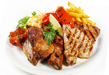 Classic Greek Meat Plate with French Fries Isolated on white Background