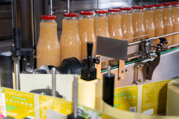 Juice making, factory line drink production, industry juice cans packaging lab manufacture