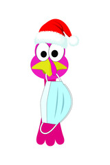 Close up of a cute holiday cartoon turkey wearing a santa hat with a surgical face mask hanging from his beak in preparation for the Coronavirus pandemic