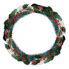 Round Wreath of Watercolor Christmas Tree Branches and Holly