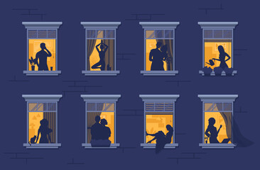 Fototapeta premium Neighbors in windows. Cartoon characters. Apartment building with people in open window spaces.