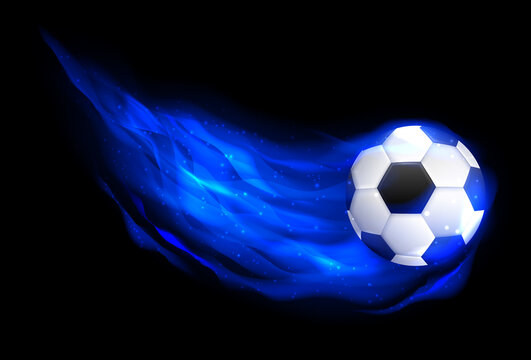 Burning soccer ball on black background. Soccer Ball in Blue Fire. Glowing fireball on the speed in flame.