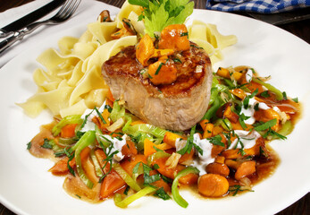 Grilled Veal Tenderloin with Chanterelles and Noodles