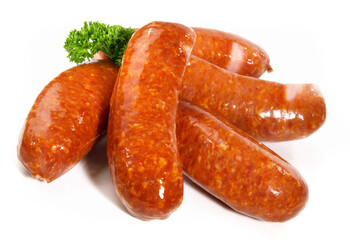 Smoked Pork Sausages with Cale - Isolated on white Background