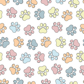 Pet prints. Paw seamless pattern. Cute background for pets, dog or cat. Childrens backdrop. Foot puppy. Different shapes. Footprint pet. Baby background. Track paw. Art design walks for print. Vector