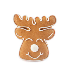 Deer shaped Christmas cookie isolated on white