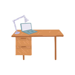 Wooden desk with laptop and lamp. Vector cartoon illustration