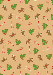 Seamless christmas sweets and traditional gingerbread man pattern vector background brown