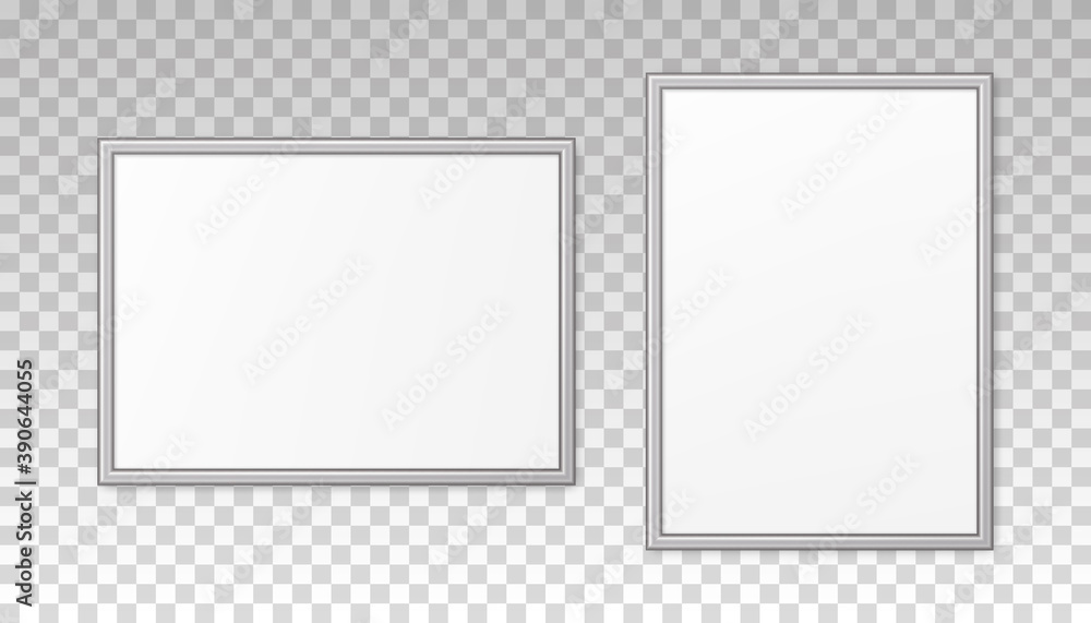 Poster frame picture photo. silver mockup on wall. mock up framed. modern blank boarder with shadow. realis