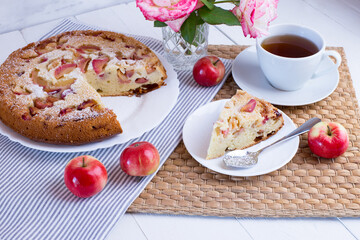 Homemade Apple pie. Delicious Breakfast with Charlotte and tea.