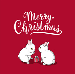 Fototapeta premium Christmas greeting card with cute white bunnies with a gift box and 