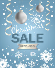 discount christmas banner with silver christmas balls, serpentine, snowflakes and the inscription "christmas sale" on a blue background