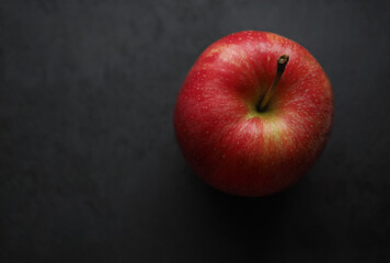 One fresh red Gala apple on a black background with copy space