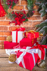 Christmas Background with Decorations and Gift Boxes  copy space