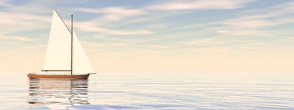 Small sailing boat on the ocean by sunset - 3D render