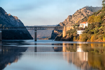 Bridge over the Tagus River, with the natural monument of Portas do Rodao in the background, under...