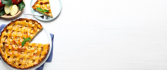 Traditional apple pie and space for text on white wooden table, flat lay. Banner design