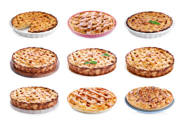 Set of traditional apple pies on white background