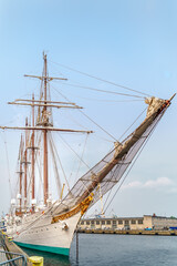 Ship bow of famous tall ship Juan Sebastian de Elcano, a training ship of the Spanish Navy moored at Chrobry Shafts pier