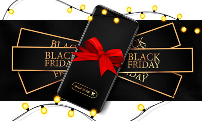 Black Friday, gift smartphone wrapped in a red bow with a garland, black Friday sale, realistic vector illustration