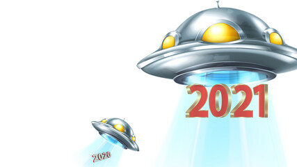 Abduction of UFO 2020. Brought the year 2021. Spaceship flies in the sky on a white background. Another perspective (close by).