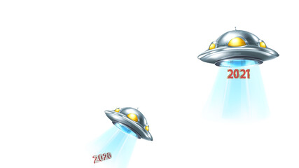 Abduction of UFO 2020. Brought the year 2021. Spaceship flies in the sky on a white background.