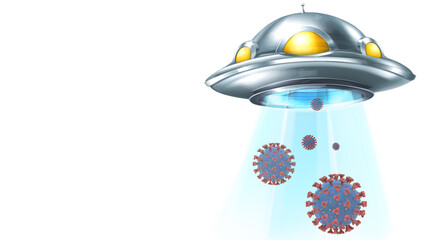 UFO abduction. Brought coronavirus. Spaceship flies in the sky on a white background. Illustration of design. Another perspective (close by).