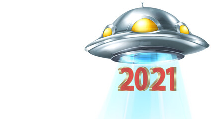 UFO abduction. Brought the year 2021. Spaceship flies in the sky on a white background. Illustration of design. Another perspective (close by).