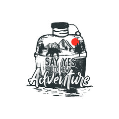 Hand drawn wilderness badge with mountain landscape and inspiring lettering 