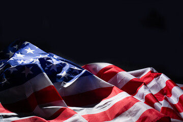 Crumpled, vintage American flag. Real photo. Closeup.