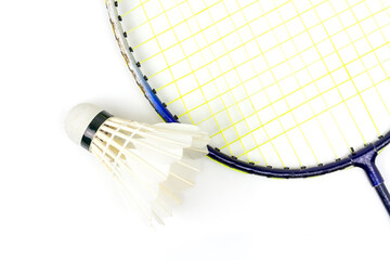 White shuttlecocks and racket badminton isolated on white background. 