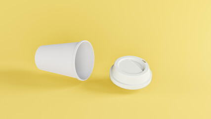 3D rendering disposable white coffee paper cup and cover on yellow 