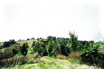 Obraz premium Abstract colorful shape on mountain peak and tree landscape on watercolor illustration painting background.