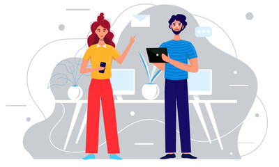 Man with tablet in his hands. Woman with smartphone. Office with work desk and computer. Office staff. Vector illustration.