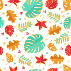 Seamless pattern with leaf monstera. Vector illustration. Design templates for greeting cards, home wallpapers, textiles and fabrics.