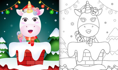 coloring for kids with a cute unicorn using santa hat and scarf in chimney