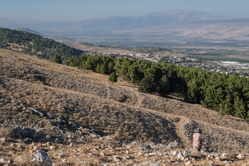 View of Hula Valley with Rosh Pina town and the Galan Heights in the east, Mount Hermom in the...
